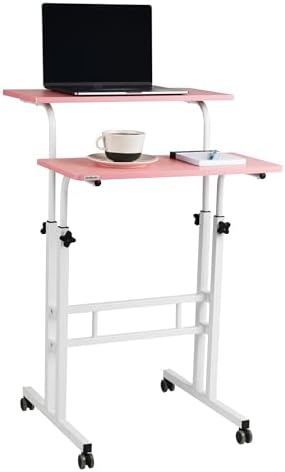 Mind Reader Standing Desk, Adjustable Height Laptop Workstation, Portable Rolling Desk on Wheels, Two-Tier Metal Frame, Pink