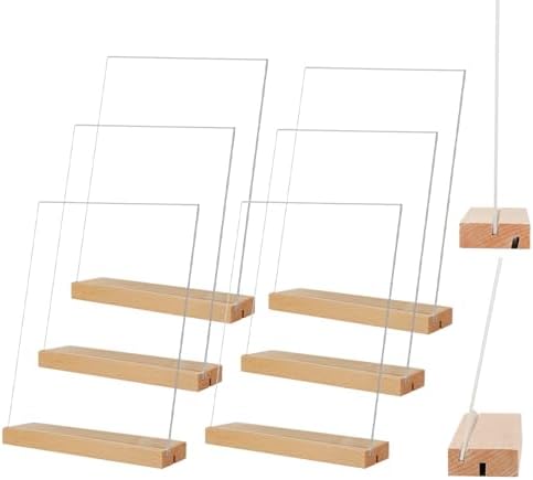 TONICE 5x7 Acrylic Sign Holder with Wood Base 6 Pack L/T Shape Vertical or Slant Back Display for Wedding, Restaurant, Store, Office, Hotel