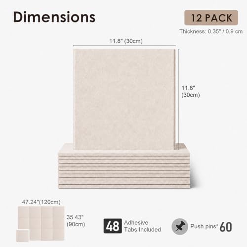 SIOLOC Felt Bulletin Board Tiles, 12 Pack Oatmeal Beige Cork Board Alternative for Walls, Large Felt Wall Tiles, 47.2 x 35.4 in Oversized Pin Board for Home Office Classroom Dorm Decor