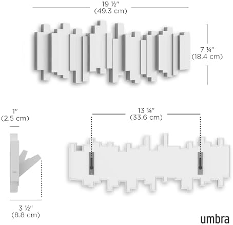 Umbra Sticks Wall Mount Coat Rack, 5 Hook Retractable Pegs, White