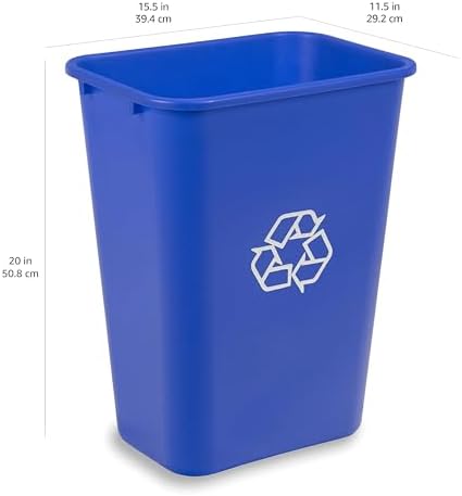Amazon Basics Rectangular Commercial Office Wastebasket, Easy to Clean, Lightweight, 10 Gallon, Blue, Recycle Logo