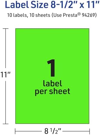 Avery Printable Sticker Paper, 8-1/2" x 11", Full-Sheet Labels, Neon Green Labels, Laser/Inkjet Printable, 10 Total, Great for Packaging and Stickers
