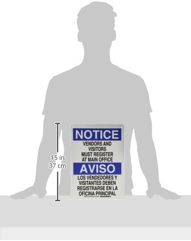 Brady 125076 Bilingual Sign, Legend "Vendors and Visitors Must Register At Main Office", 14" Height, 10" Weight, Black and Blue on White