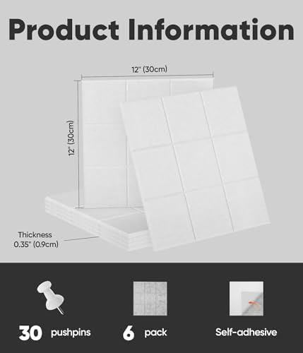 Large Cork Board for Walls 36" x 24", 6 Pack Felt Wall Tiles with Push Pins for Office Home, Pin Board Bulletin Board for Photo Pictures, White