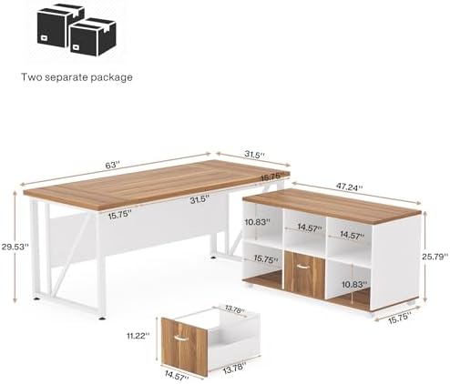 Tribesigns 63-Inch Executive Computer Desk with 47-Inch Lateral File Cabinet, Large Workstation Business Furniture, L Shaped Desk with Drawers and Storage Shelves for Home Office, Walnut & White