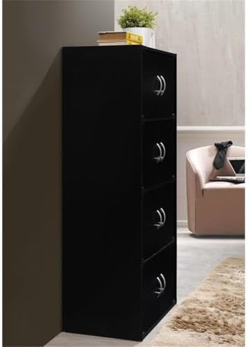 Pemberly Row 4 Shelf 8 Door Bookcase, 54.3 in H x 23.4 in W x 15.5 in D, Wood, Black Finish, Slim Multi-Purpose Organizer for Office, Bedroom, Living Room or Kids' Room