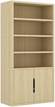 Manhattan Comfort Rivington Bookshelf, 79" Tall 4 Open Shelve Bookcase with Adjustable Shelves, Soft Close Doors for Living Room or Home Office, Rounded Corner Storage Cabinet, Set of 2 in Natural Oak
