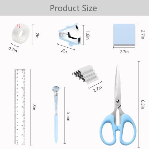 Office Supplies,School Supplies,Blue Desk Accessories,Desk Organizer,Scissors,Stapler,Tape Dispenser,Binder Clips,Staples,Staple Remover,Sticky Notes,Clear Tape,Pen,Ruler,Best Gift,11pcs