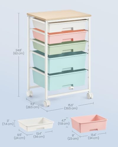 VASAGLE Rolling Cart with Drawers,5 Drawers Storage Cart, Multicolor