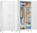 71" Metal Storage Cabinet with Hanging Rod, Tall White Wardrobe Closet with 3 Adjustable Shelves, Heavy Duty Steel Office Armoire, Modern Minimalist Design for Bedroom, Laundry Room