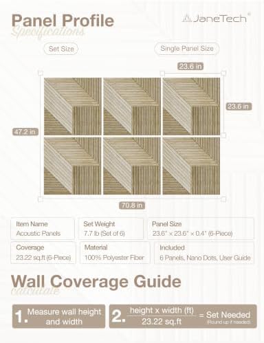 JaneTech 6 Pack Wood Acoustic Panels, Decorative Acoustic Wall Panels Sound Absorbing with Nano Glue for Recording Studio, Home Office, Conference Room, Facet Ridge, 23.62x23.62 Inches