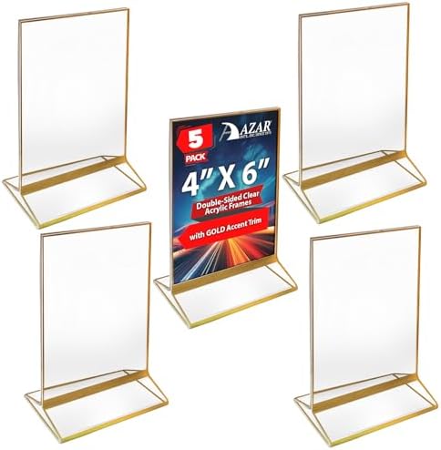 Azar Displays 152792-GLD-10PK Gold Trim Double-Sided Clear Acrylic Frames – Elegant Display Frames for Weddings, Events, and Photos | Premium 4X6 Tabletop Sign Holders (10-Pack)