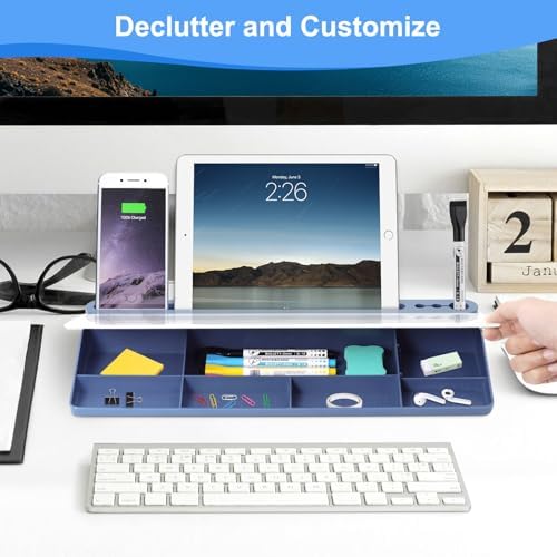 Desktop Glass Whiteboard with Storage, Desk Dry Erase White Board Blue