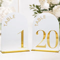 White Arch Wedding Table Numbers 1-20, Gold Numbers and Stands
