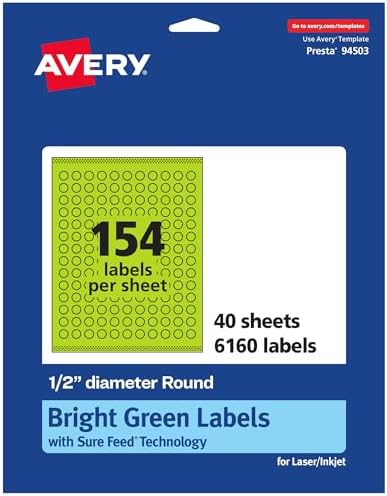Avery Printable Round Labels, Sure Feed Technology, 1/2" Diameter, Bright Green Labels, Print-to-the-Edge, Laser/Inkjet, 6,160 Total, Great for Price Stickers and Mailing Seals