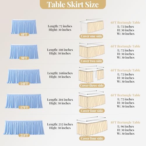 Wish Care 6ft Baby Blue Satin Table Skirt for Rectangle Tables Wrinkle Free Teacher Desk Skirt Glitter Ruffle Table Skirting Cloth for Back to School Classroom Office Dorm Birthday Party Table Decor