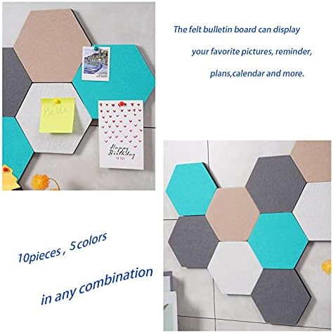 10Pcs Self Adhesive Felt Board Tiles Hexagon Bulletin Board for Walls, Felt Cork Pin Board for Pictures Photos Memos with Push Pins (Color D)