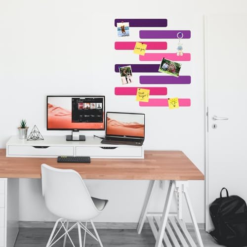 8Pcs Rectangle Felt Cork Board Bar Strips with 35 Pushpins, Self-Adhesive Bulletin Board Strips for Office School Home Wall Decor Stickers Memos Schedules Photos Display -Gradual Purple