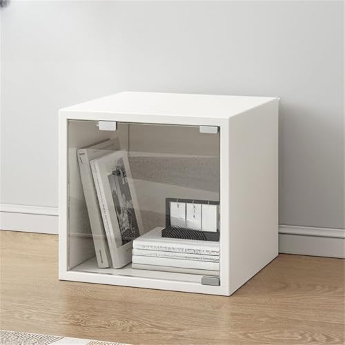 Timber Vertical or Horizontal Organizing Shelf with 1 Cabinet Closed Back Modular Cube Storage Unit, Book Storage Bookshelf, Glass Small Bookcase, Square Grid Cabinet White Clear Acrylic Door