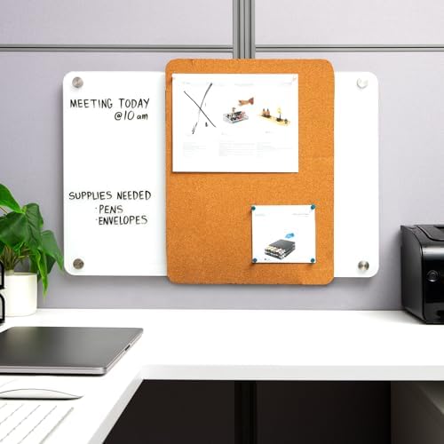 Mind Reader Glass Dry Erase Board with Sliding Corkboard, Wall Mounted Combination Whiteboard and Bulletin Board, 28" x 19.5"