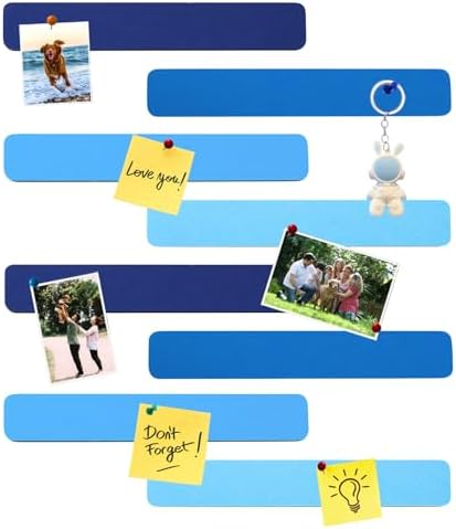 8Pcs Rectangle Felt Cork Board Bar Strips with 35 Pushpins, Self-Adhesive Bulletin Board Strips for Office School Home Wall Decor Stickers Memos Schedules Photos Display -Gradual Blue