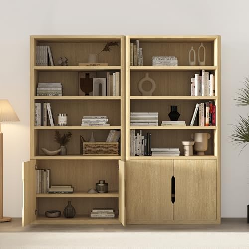 Manhattan Comfort Rivington Bookshelf, 79" Tall 4 Open Shelve Bookcase with Adjustable Shelves, Soft Close Doors for Living Room or Home Office, Rounded Corner Storage Cabinet, Set of 2 in Natural Oak