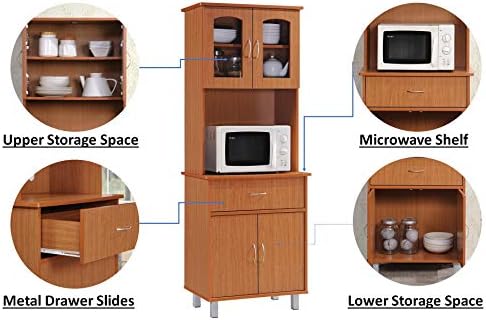 HODEDAH IMPORT Long Standing Kitchen Cabinet with Top & Bottom Enclosed Cabinet Space, One Drawer, Large Open Space for Microwave, Cherry