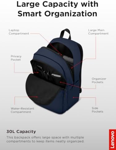Lenovo 16-inch Commuter Backpack B10, Lightweight 30L Laptop Backpack, Water-Resistant Travel Bag with 6 Storage Compartments, Anti-Theft Pocket & Luggage Strap, Fits Up to 16" Laptop, Navy Blue