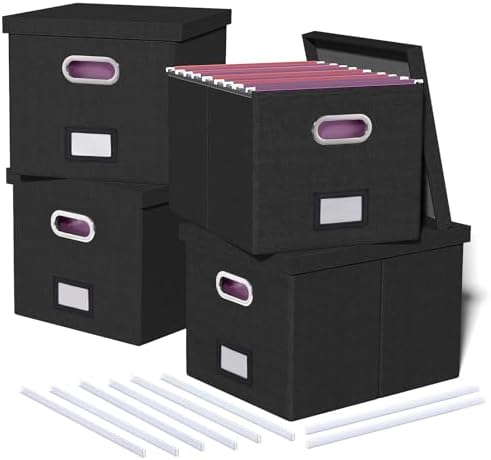4 Pack File Storage Organizer, Document Organizer, Portable File Box with Lid, Fit for Letter/Legal File Folder Storage,Black-Box only