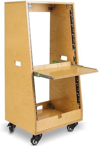 Sound Town DIY Slanted 20U Studio Rack (12U Top + 8U Lower), with 2U Bottom Storage, Slide-Out Tray, Caster, Plywood, Golden Oak for Recording Room, Home Studio (SDRK-ST20T)