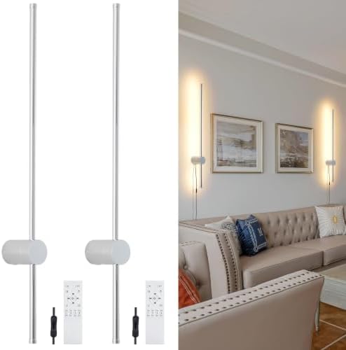 KELUOLY Modern Chrome Plug in Wall Sconce with Remote, Dimmable 31.5" LED Wall Sconces Set of Two with Memory Function, Adjustable Color Temperature Brightness, Timer, 350° Rotate, Hardwire or Plug-in