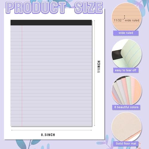 8.5'' x 11'' Colored Legal Pad Writing Wide Ruled, Mixed Colors, 8 Pcs