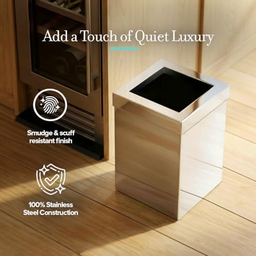 Gatco Small Bathroom Trash Can With Lid, Square 3 Gallon Stainless Steel Wastebasket, Under Sink, Chrome, For Bathroom, Bedroom, Office (1913)