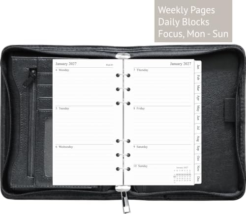 Fan&Ran 2027 Zipped Planner Organizer, Weekly and Monthly Refills with Simulated Leather Cover, Personal Size, Black