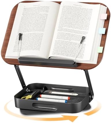 Adjustable Book Stand with Storage Drawer, 360° Rotating Book Holder, Height & Angle Adjustable, Extra-Wide Page Clips for Thick Books, Wood & Aluminum Book Stand for Desk, Study, Kitchen