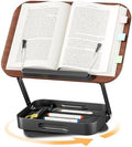Adjustable Book Stand with Storage Drawer, 360° Rotating Book Holder, Height & Angle Adjustable, Extra-Wide Page Clips for Thick Books, Wood & Aluminum Book Stand for Desk, Study, Kitchen
