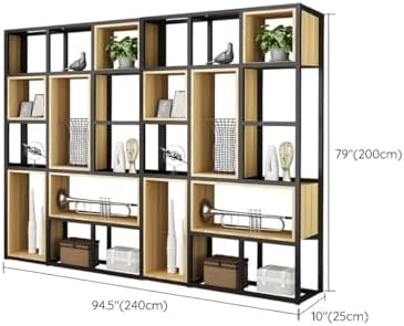 Wood Industrial Cube Bookcase with Shelves & Open Back Iron Bookshelf Floor Steel & Wood Shelf Multi-Layer Shelf Storage Rack Office Partition Display Rack Natural 94.5" L x 9.8" W x 78.7" H