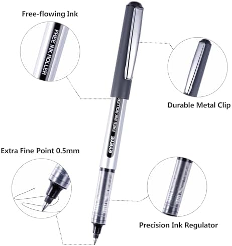 EYEYE Black Pens Pack of 50, 0.5mm Extra Fine Point Roller Ball Pen | Back to School Essential, Quick Drying Liquid Ink Rollerball Pen Fine Point Smooth Writing Pen for Journaling Office Supplies