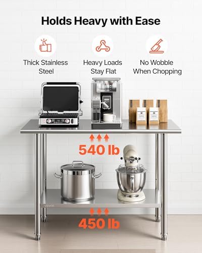 VEVOR Stainless Steel Work Table, 24x48 Inch Food Prep Table, Commercial Kitchen Workstation with Adjustable Undershelf, Metal Heavy Duty Utility Worktable, for Restaurant Home Hotel Garage Outdoor