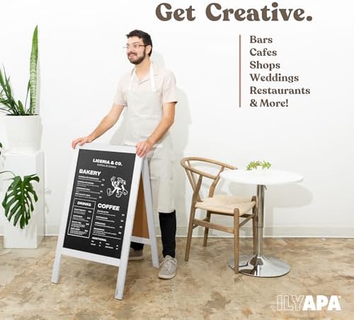 Ilyapa Wooden A-Frame Sign with Eraser & Chalk - 40 x 20 Inches Magnetic Sidewalk Chalkboard – White Menu Display for Restaurant, Business Or Wedding