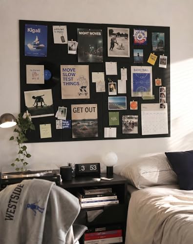 Aothia Felt Bulletin Board Tiles, 12-Pack 48"x36" Large Pin Board for Wall, Modern Cork Board Alternative for Notes, Photos, Memo & Office Organization, 70 Adhesive Tabs & 40 Push Pins, Black