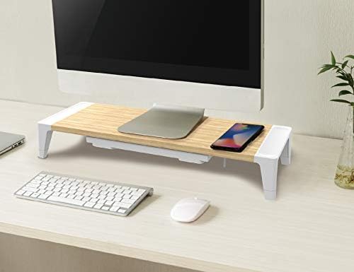 Bostitch Office Wooden Monitor Stand with Wireless Charging Pad, Drawer for Storage, Adjustable Height Riser Includes Removable Non-Skid Rubber Feet - Wood Grain and White (STND-2408WH)