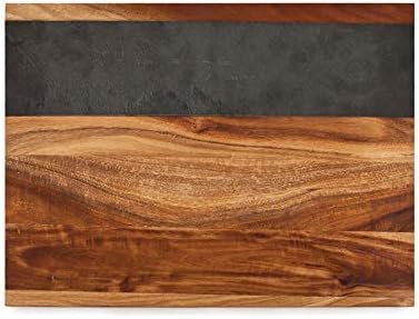 Twine Rustic Farmhouse Wood with Slate Cheese Board and Chalk Set, Acacia Wood and Natural Slate Cutting Board, Soapstone Chalk, 15" by 11", Gourmet Gift Set