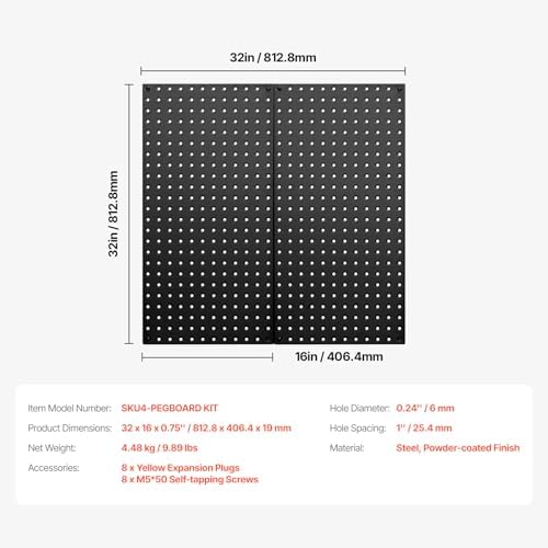 VEVOR Metal Pegboard Panels, 32" x 16" Pegboard, 2 Panels, Heavy Duty Steel Peg Board Wall Organizer, for Living Room Garage Tool Storage Workbench Office Organization Craft Room Kitchen Home, Black