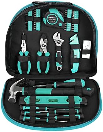 Amazon Basics 104-Piece Home Repair Household Tool Set with Easy Carrying Round Pouch, Portable Hand Tool Kit, Turquoise, 14.4 x 11.4 x 3 inches