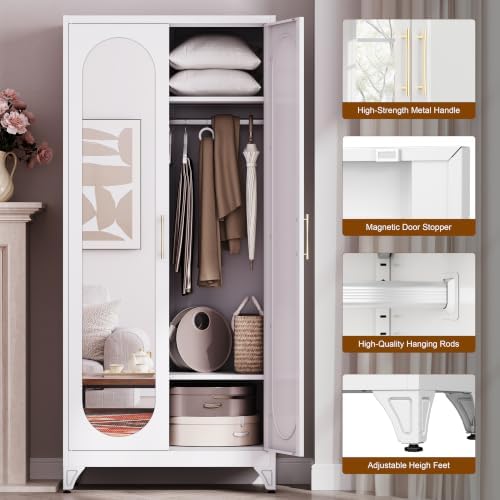 UNICOLY Armoire Wardrobe Closet，71" Metal Wardrobe Cabinet with Mirror Door