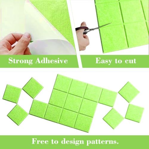 6 Packs Cork Board Felt Board Tiles, Bulletin Board 12"X12" with 30 Push Pins, Felt Board for Home Kitchen Office Decor, Self-Adhesive Corkboard Tiles for Walls School Message Display Board-Green-2