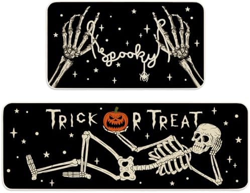 JarThenaAMCS Halloween Kitchen Mats Set of 2, Spooky Skeleton Kitchen Floor Mat Non-Slip Trick or Treat Doormat for Indoor Outdoor Home Party Decor, 17 x 29 & 17 x 47 Inch
