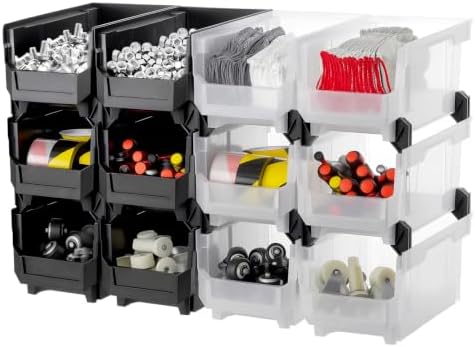VEVOR Plastic Stackable Storage Bins, 14.8 x 8.5 x 7.1 inch (12 Pack), Plastic Containers for Organizing & Storage Bins for Garage, Small Parts, Office Supplies, Other Accessories, Black & Transparent
