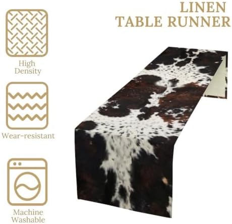 Cow Animal Skin Print Table Runner, Rustic Cottage Country Farm Animal Fur Skin Pattern Western Style Black Brown Cowhide Print Dinner Runner for Home Kitchen Dining Table Decoration 13"x70"